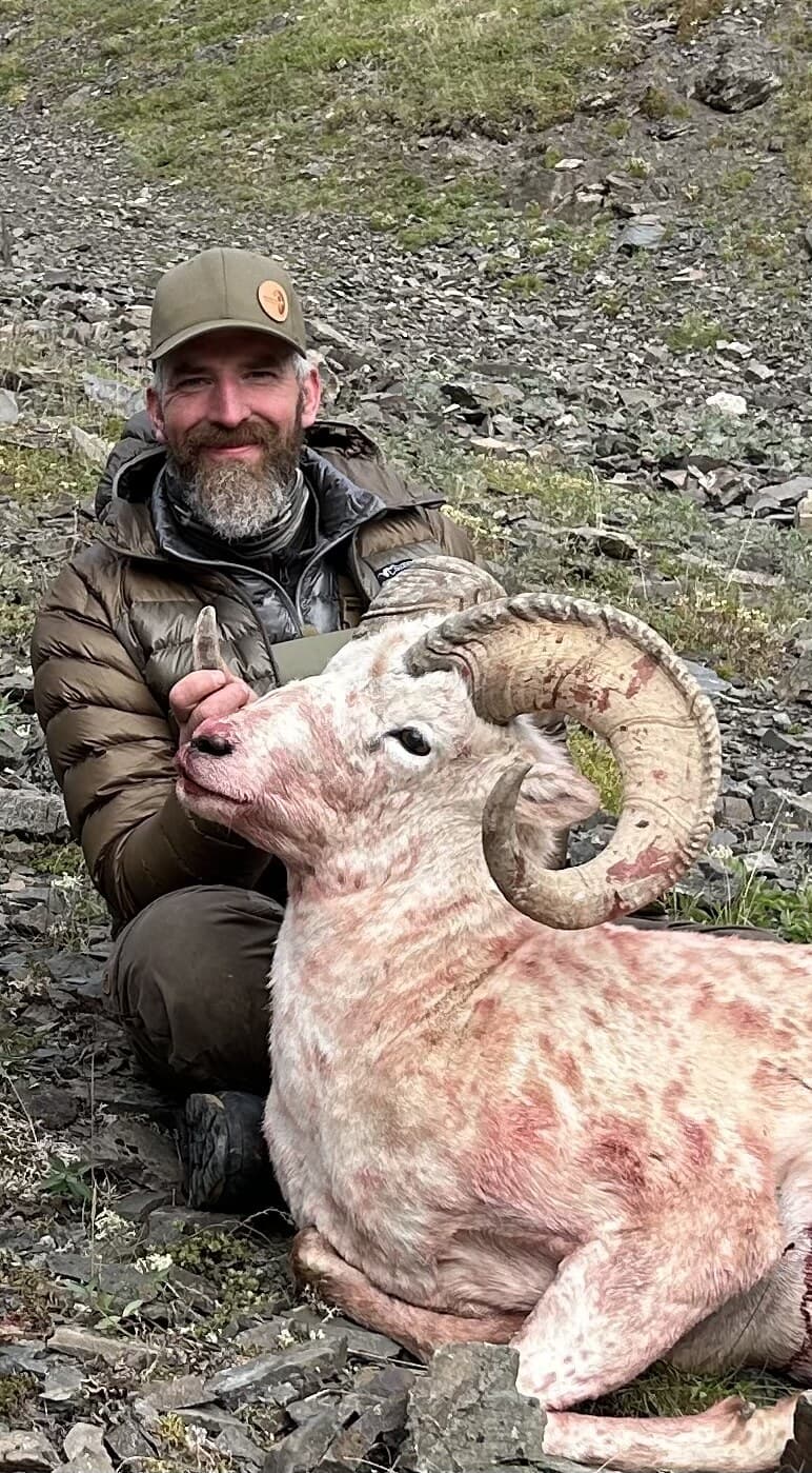 Grant Gullicks kneeling beside a Dall sheep harvest on a rocky Alaska mountainside